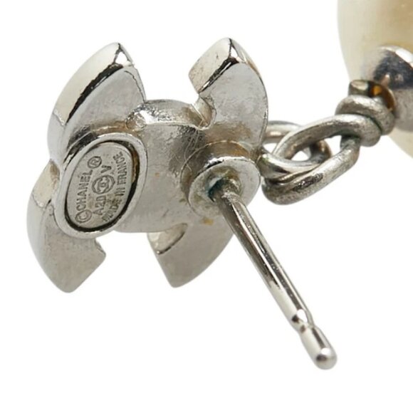 CHANEL CC Logos Rhinestone Pearl Drop Stud Earrings Silver Tone A20V Auth w/Box - Picture 5 of 7